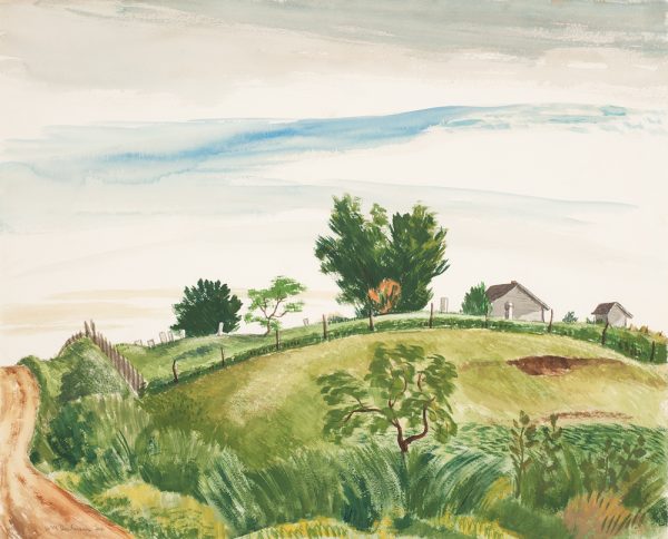 A steep dirt road is at the left edge. The rest of the painting is of a grass covered hill leading to a farm on the horizon.