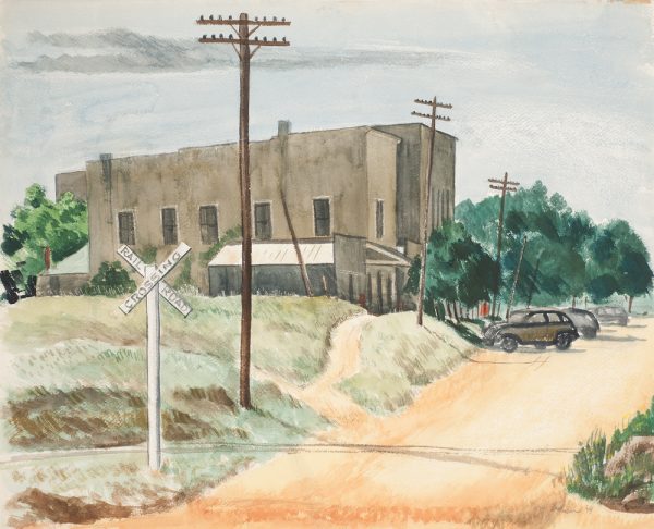 A summer landscape of a small town's dirt main street. The street, lined on the left with electric poles, moves from the lower center to the center right. A white railroad crossing sing, loser left, with railroad tracks perpendicular to the riod, are in the foreground. Buildings, one larger and taller are nestled center and left. Cars are parked in front of building.
