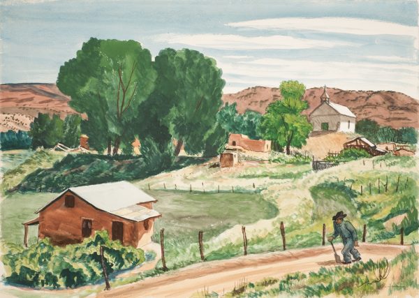 A male with walking stick, lower right, travels a pole fence lined road in the lower right and center. A farm house is lower left, beyond the road, in a field that fills the lower left and center of the painting. A group of leafed trees and their shadow shade the field in the center left. Distant barren hills with group of adobe buildings and framed buildings line the upper center beyond the large trees. The pale blue summer sky is clouded upper right.