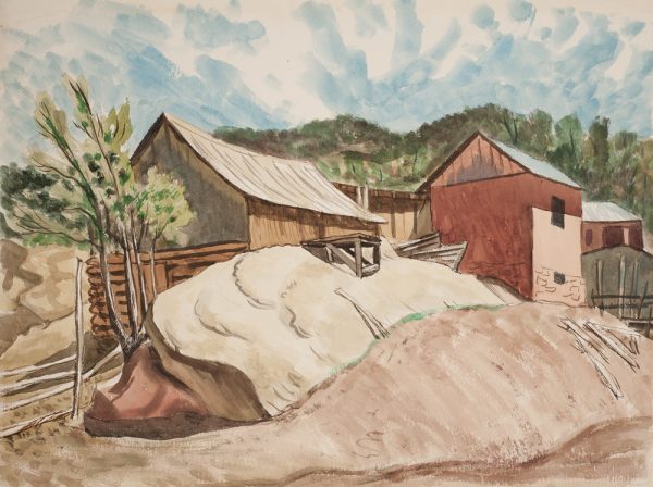 A summer landscape with two barns, one log barn left and center and one adobe barn right. In the foreground are two large rocks. One thin sapling grows, beside a pole fence. The upper one-half is a mountain range with trees and a blue spotty clouded sky.