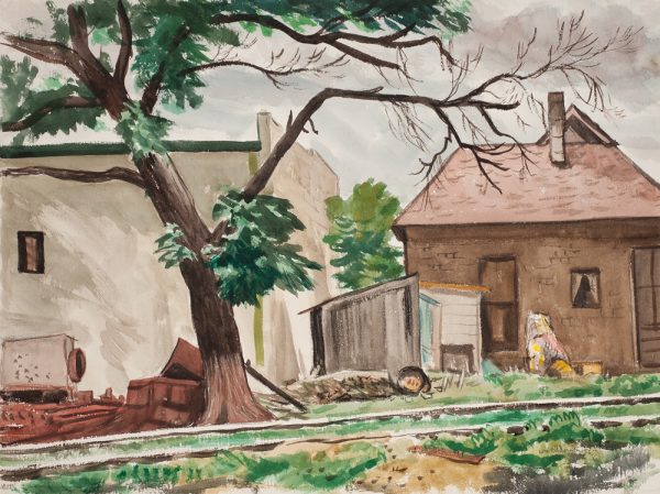 The back alley of a small one-story square house filling the right and a large off-white building filling the center and left. A dirt roadway, green with grass, runs across the bottom. A single tree, branches are nearly bare in front of the off-white building.