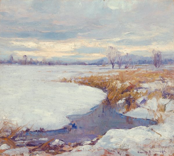 A stream runs from lower left to center. There is snow on the ground and low mountains in the background.