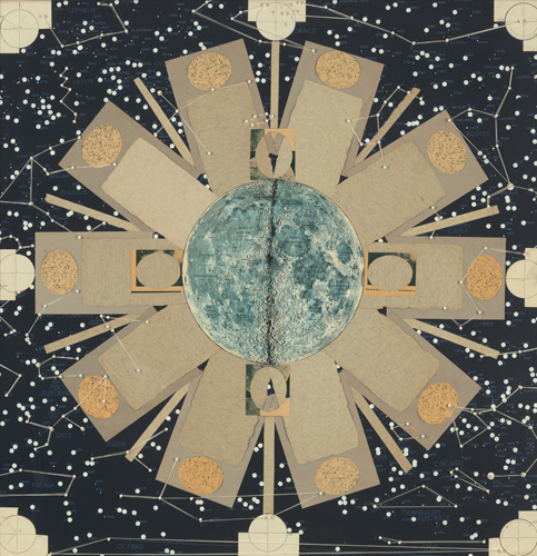 An assemblage including an image of the moon, star charts, pins with white heads and string.