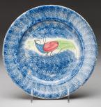 Spatterware plate, blue with blue/red/green peafowl.