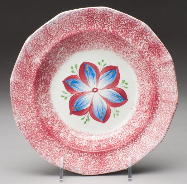 Spatterware bowl, red with Dahlia at center