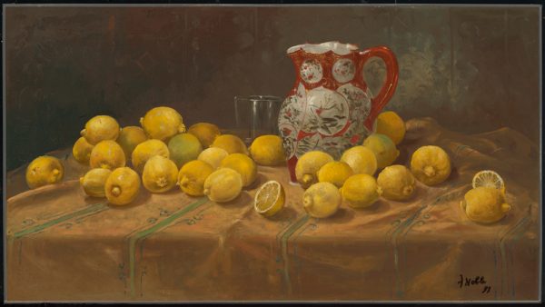 A still life where a red and white pitcher stands next to a glass surrounded by lemons.