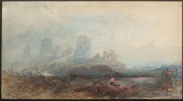 Misty landscape with vertical mountains and possibly a ruins. There is a bright pink figure to right of center