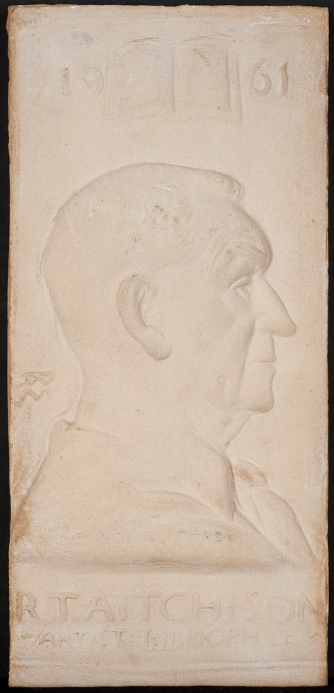 A bust portrait of Robert Aitchison ,with a small book on top and the numbers 19 to the left, 61 to the right.