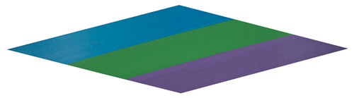 An elongated triangle shaped canvas with three bands of color: purple at bottom, green in middle and blue at top