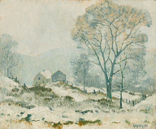 A snowy scene of buildings to the left of center, tall trees to the right and smaller trees to the left with faint mountains in the far distance.