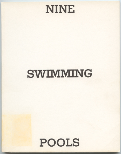 There are ten photographs with a predominant blue color. They are of nine swimming pools with the last photograph being of a broken drinking glass. The photographs are irregularly spaced, with many empty pages.