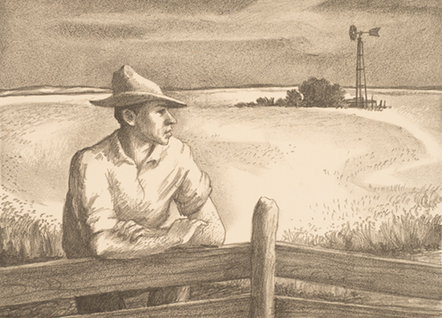 A man wearing a hat leans against a board fence. The wheat field behind him is clear, except for a road, on the right, leading up to a short stand of trees and a windmill with stock watering trough below.
