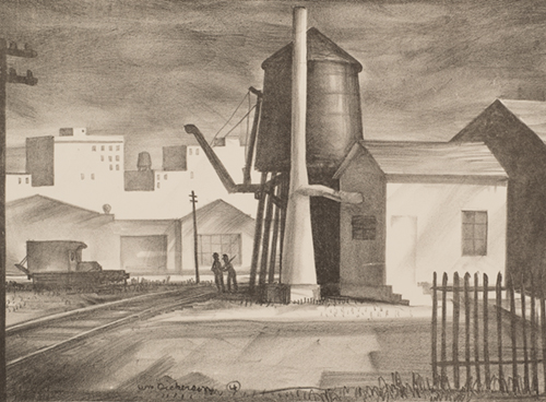 A train track runs from lower left corner to center of image where silhouettes of two men stand in front of a water tower. White buildings are in the background.