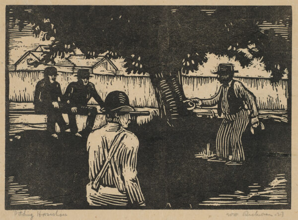 Two men play horseshoes, while two men watch from a bench in the shade of a tree.