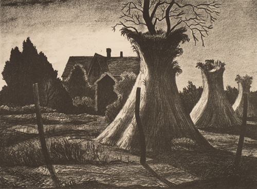 The composition includes three corn shocks on the right, with the largest at center hiding a tree. At left are trees and a house in the background. The foreground has three fence posts.
See 2012.30.7 for watercolor of same image