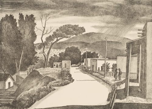 A wide road is a center, with buildings and figures to the right. At left at a lower elevation are buildings with trees in the background. In the far background, at right, a cloud drops rain on dark hills.