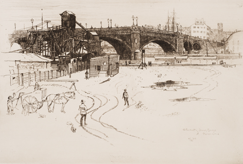 The Chestnut Street Bridge in Philadelphia is shown at an early stage of construction. The site includes horse drawn carts and cranes necessary for building a bridge in 1884.