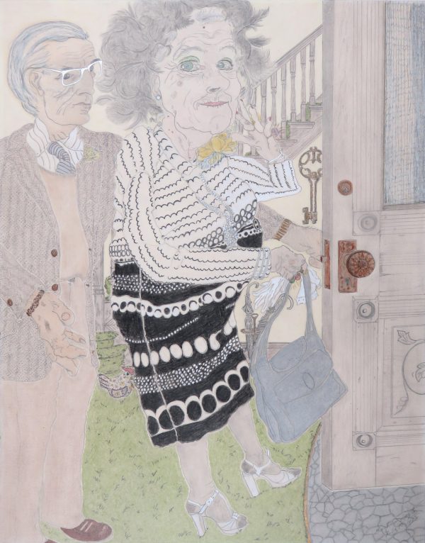 An older couple stand at their door “all dressed up” to go out. The door is open and a large key hang on the side of the staircase behind the door. Grandma Layton reported that her husband gave her this dress and it took her some time before she was ready to wear it.