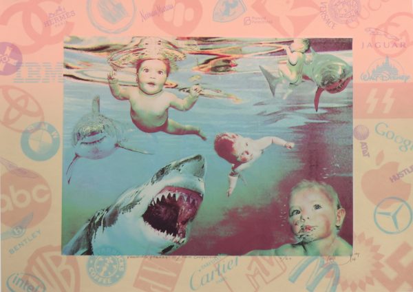 Four babies are swimming with three sharks. The view is from below, looking up at the water’s surface. The babies are relaxed and calm but the sharks are threatening. The main image is surrounded with a border made from logos of contemporary, expensive products such as BMW, GAP and Google.