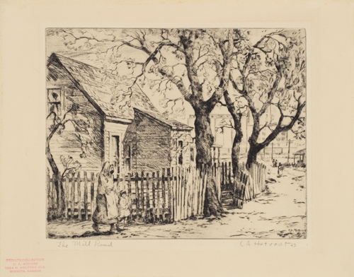 A hooded woman wearing an apron guides a small child around the corner of a street. Houses, trees and a picket fence are in the background.