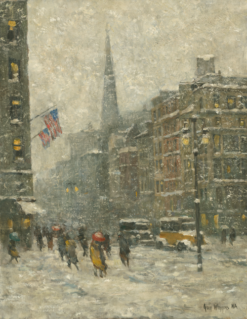 A church spire rises in the center of the painting with flags on the building at left. The street has figures and cars in a heavy snowstorm. The church is thought to be the Collegiate Church of St. Nicholas, 5th Ave. and 48th Street. It was demolished in 1949. It was where Rockefeller Center is now.