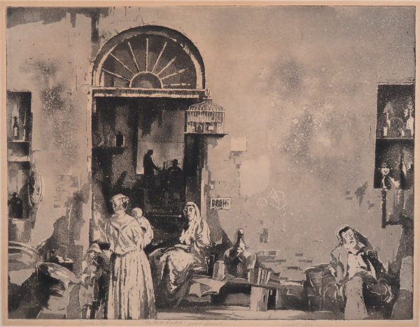The front of a “Junk Shop” in Philadelphia. A bird cage hangs from an arched doorway. Several women are in front of the doorway and a few figures are shillouetted through the door.
The the right are books and a sleeping gentleman.