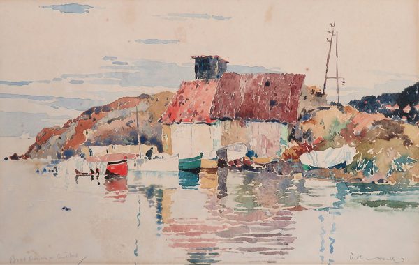 A harbor scene with red roofs reflected in the water. There are colorful boats with a lone figure in one. In the distance to the left is a rocky shore with a sailboat in the far horizon.