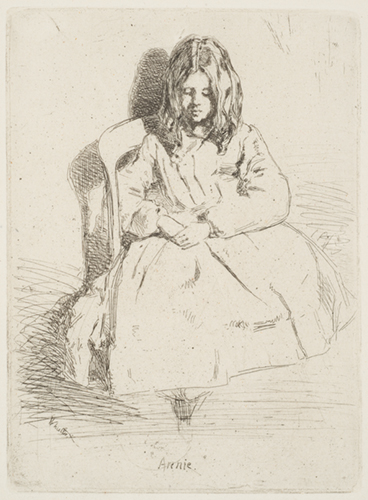 Ann Harriet Haden, known as Annie, was the eldest daughter of Whistler’s half-sister, Deborah and the famous etcher, Sir Francis Seymour Haden. Whistler spent Christmas in London with Annie’s parents. At the time of this etching, she would have been about 10 years old. Whistler completed three other etched portraits of the young girl.