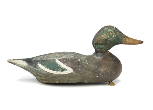 Painted wood, gray body with white, dark red, and green accents on wings, head and tail, yellow bill