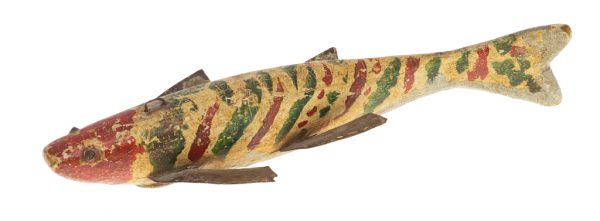 Tan fishing lure with red and green stripes, red head and metal fins.