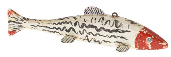 White fishing lure with red face. Body has black squiggles. The eyes are rhinstones.