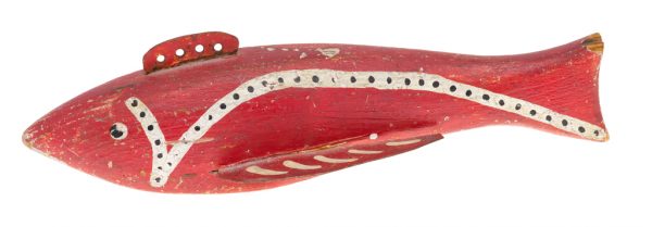 Red fishing lure with black spots on white stripe, shaped in a 
