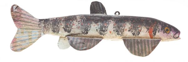 Light gray fishing lure with dark gray stripes and red spots. It has a touch of red at gills and the eyes. It has black whiskers like a cat fish. The fins are all metal, except the tail is wood.