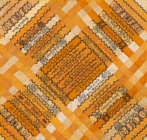 Ribbons from cigar boxes are wove together in the center and embroidered along the edge. The ribbons advertise the cigar brand and create a geometric pattern.