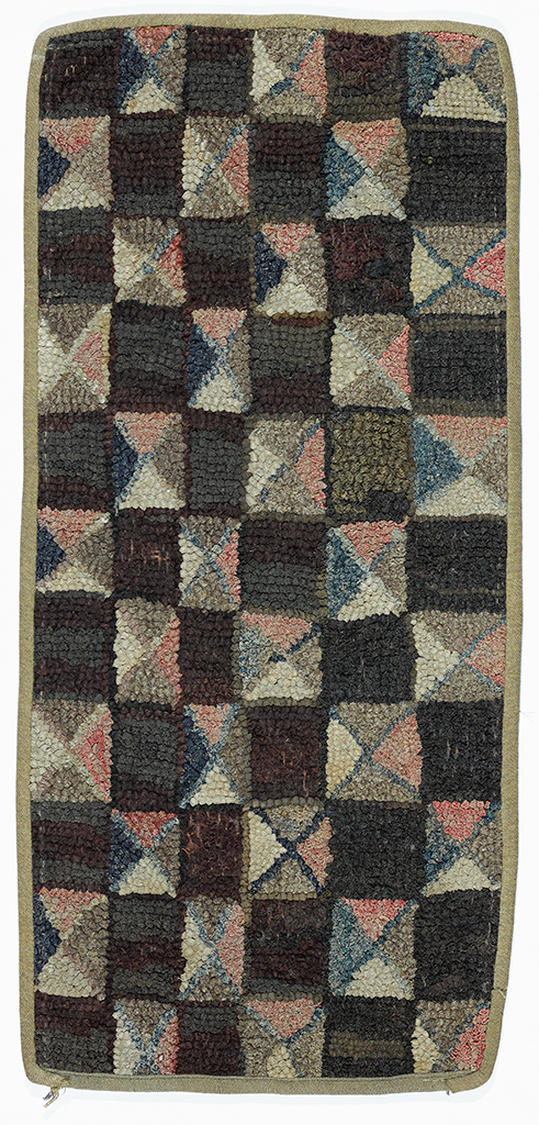 Squares of dark brown alternate with squares divided into four triangles of one white, two gray, one peach color.
