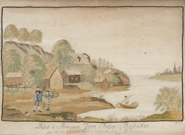Scene of three men talking and a fourth in a boat. There is a small village with water in front.