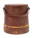 Round wood box with lid and bent wood handle in red paint.
