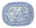 Bowl in the Blue Willow pattern. The outer side has a panel of blue designs that match the top rim