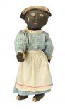 A female doll wears a blue gingham dress with lace accents covered with a cotton apron decoraed with red embroidery along the bottom edge. Her hair is covered with brown cloth and a single red thread is at the crown. Her eyes, lips and nose are embroidered. The doll has a second face attached to the top of the forehead, on a piece of fabric that can be rolled up