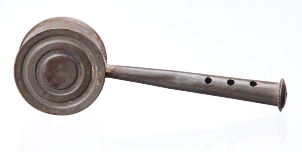 Tin rattle with alphabet in 2 rows around the drum portion and a whistle in the handle.