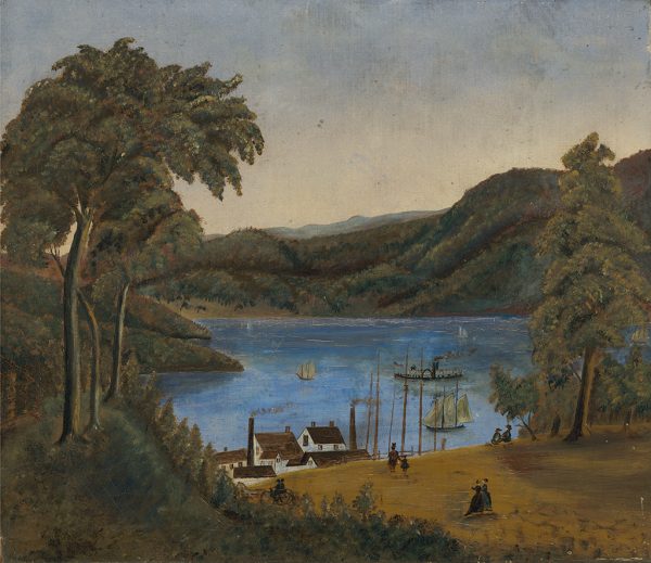 Trees, river with steam, sail boats, houses – people