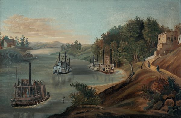 Four paddlewheel boats, one with many passengers, at the right is a hill with buildings at the top. A trail leads up to the house.