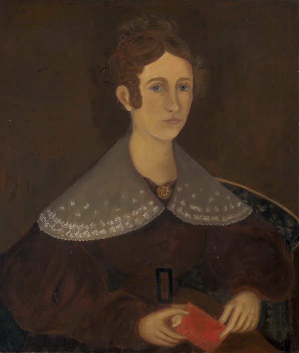 A woman with lace collar holds a red book.