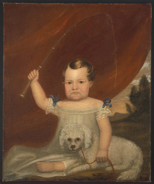 American Primitive painting of a little boy and a dog. He’s holding a whip in his right hand. The white poodle is on his lap.
