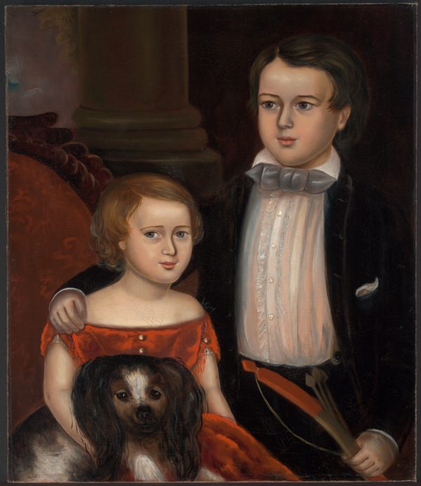The boy holds a bow and arrows. The girl wears a red dress and holds the dog on her lap.