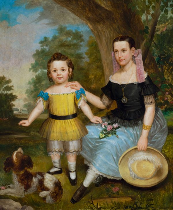 A young woman with blue skirt and straw hat, sits in front of a tree. To her left ia a toddler in yellow and a dog in the foreground. A bird is in the tree above right. A sailboat is in the distance at center left.