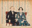 A man and woman seated on grain painted settee or chairs. They are  identified as Philip Lewis and Martha Lewis. Background is a viney wallpaper. She is in a blue variegated dress with book. Her hair is black, his is brown. He is dressed in black.