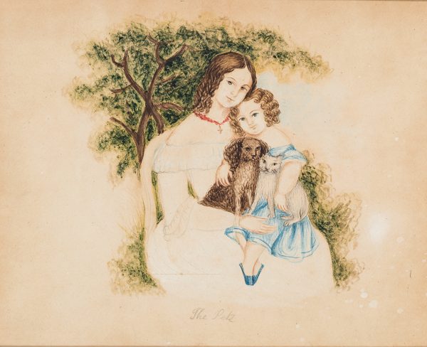 “The Pets” shows a young woman with a child in a blue dress and two pets, a small brown dog and a white cat, all setting on her lap.