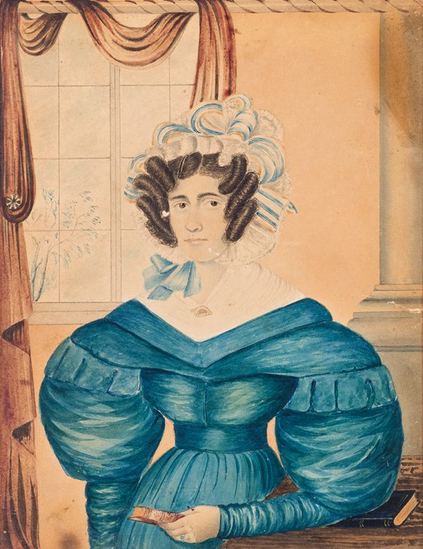 Woman wears a blue dress with puffy sleeves, white bonnet.