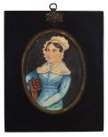 The painting is on a cardboard backed with wall paper. Woman wearing blue dress with white collar and bonnet.